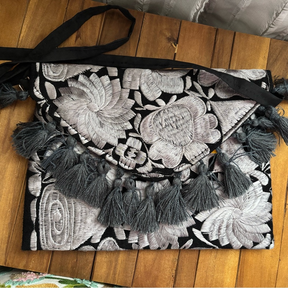 Elegant Black and Gray Mexican Hand Embroidered Clutch